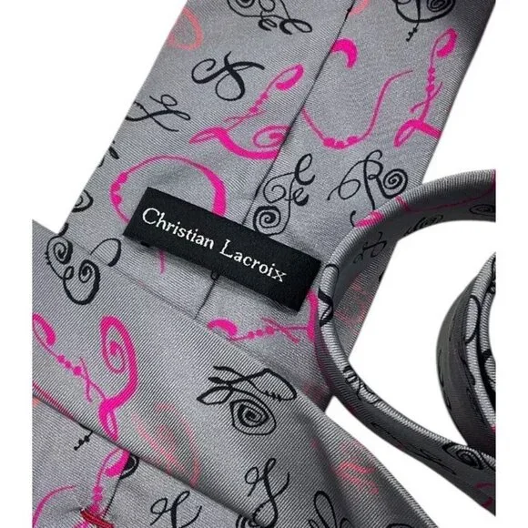 CHRISTIAN LACROIX Men's 100% Silk Necktie LUXURY Gray Monogram Logo W:3.5" EUC